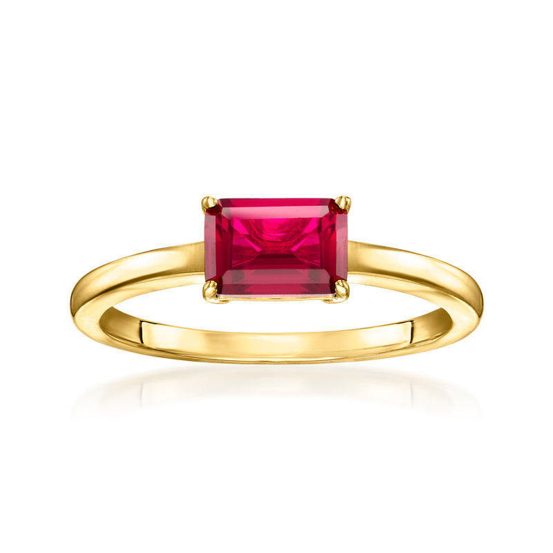 Gold vermeil ring with emerald-cut lab-grown ruby in a square bezel setting