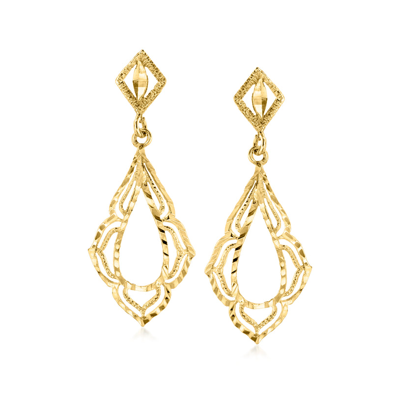 Vintage 14kt yellow gold filigree drop earrings with dangling teardrop motifs