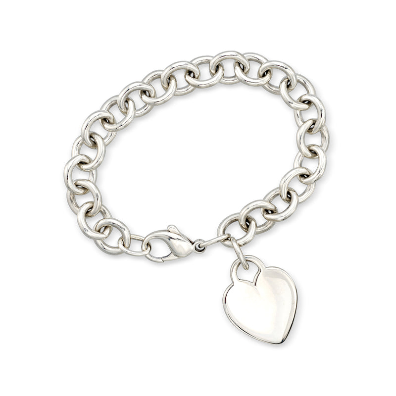 Sterling silver heart charm bracelet with chunky link chain and heart pendant charm