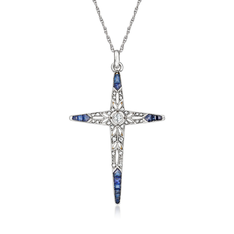 Cross pendant necklace in yellow gold with blue sapphire stones and diamond accents