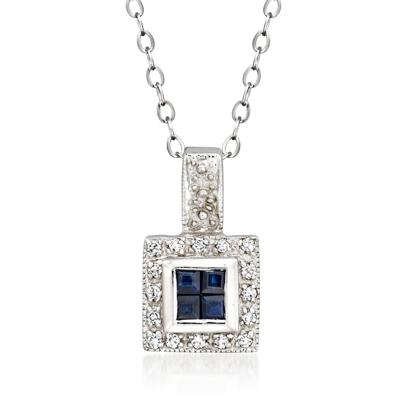 Square sapphire & diamond pendant necklace in white gold on a link chain
