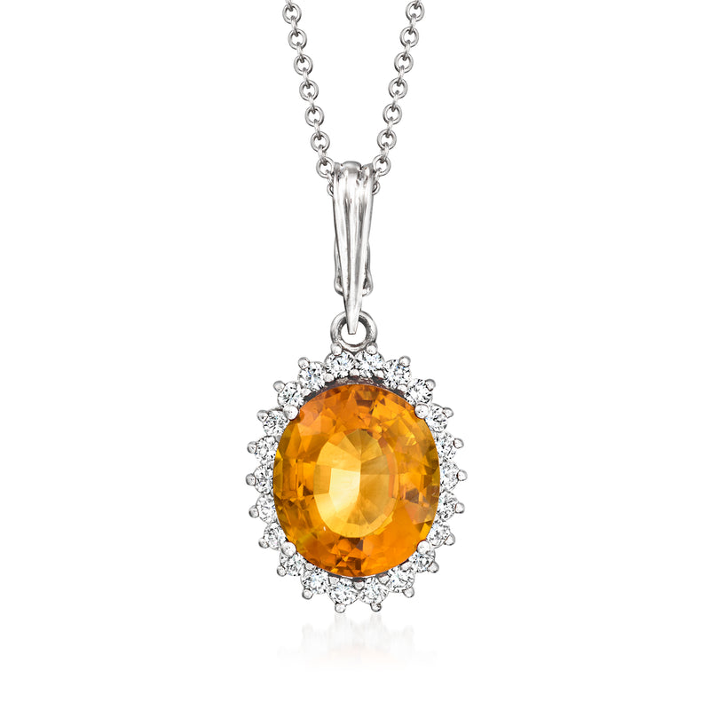 Oval citrine pendant with diamond halo on white gold chain, vintage-style necklace