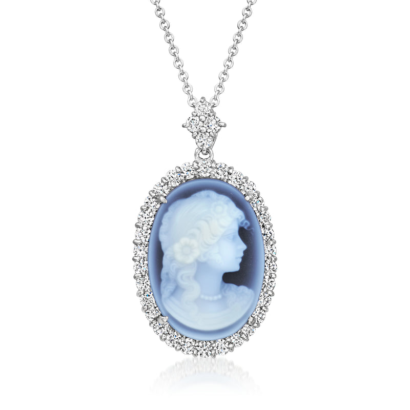 Vintage blue agate cameo pendant necklace with diamond halo and platinum chain