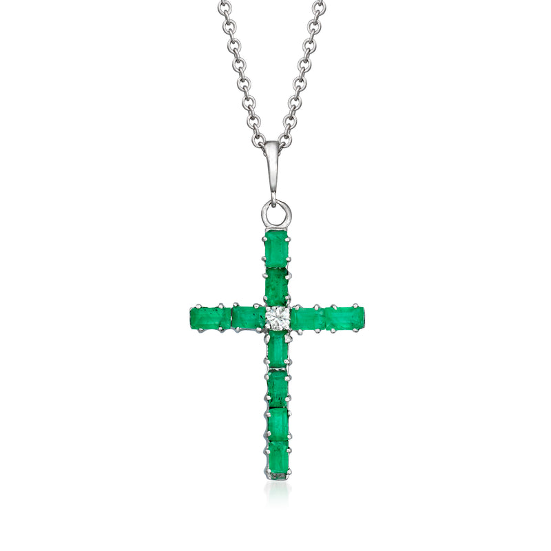 Emerald cross pendant necklace with diamond accents, 18kt white gold chain