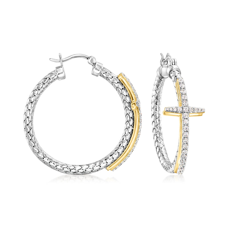 Sterling silver hoop earrings with braided texture, gold accents, and CZ cross charm