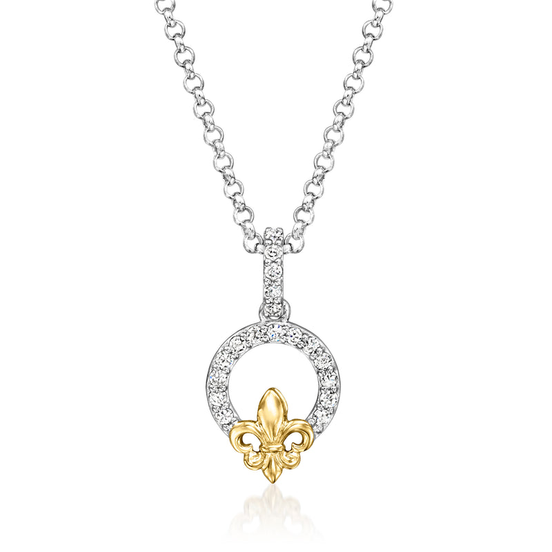 Sterling silver necklace with round pendant, yellow-gold fleur-de-lis, diamond accents