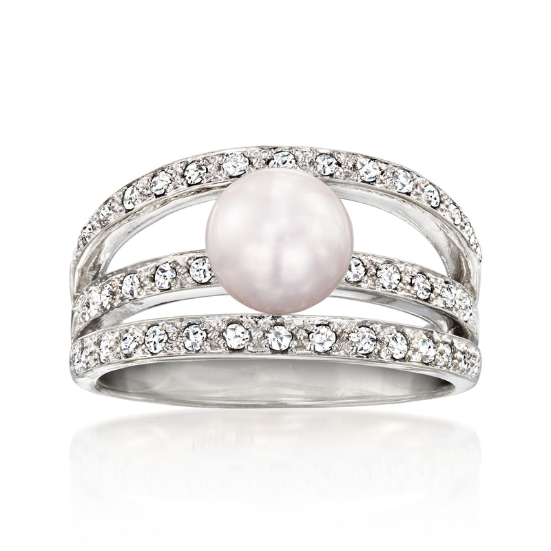 Vintage cultured pearl and diamond ring, round white pearl with pave diamond band in white gold