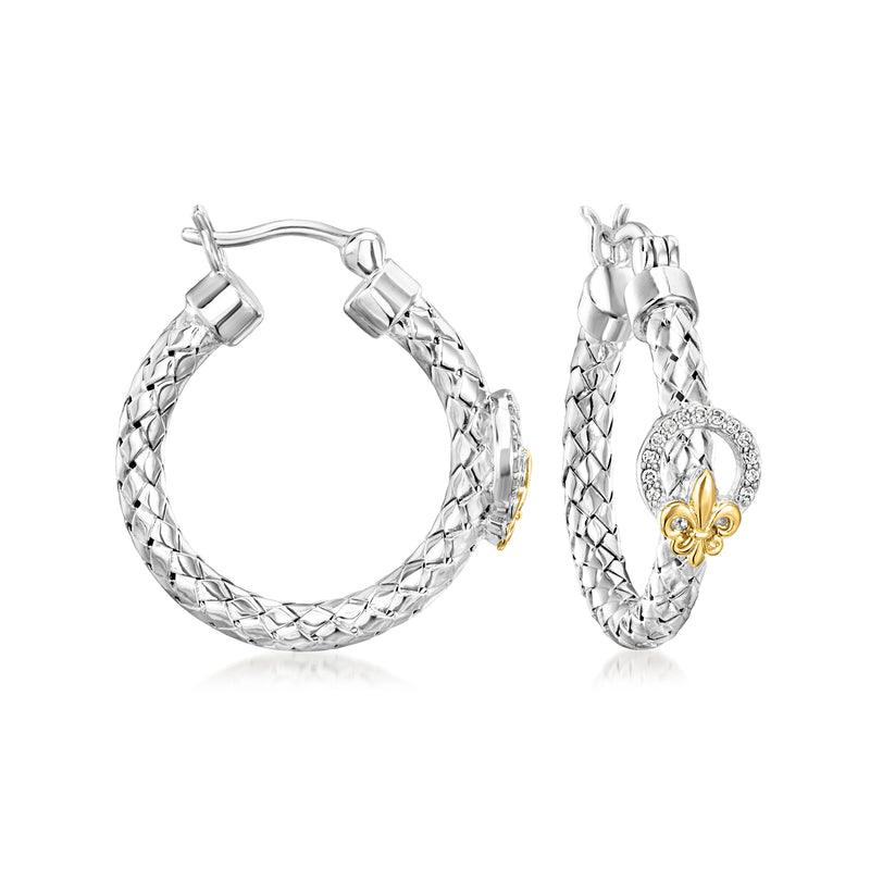 Sterling silver hoop earrings with fleur-de-lis diamond charm and yellow gold accent