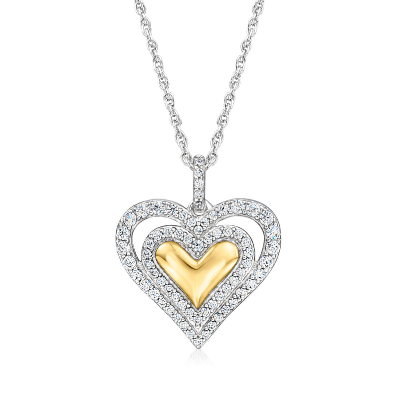 Sterling silver heart pendant necklace with gold center and CZ sparkle halo