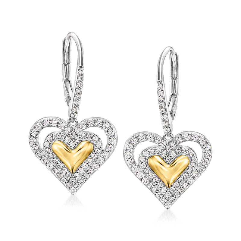 Heart drop earrings with CZ sparkle, gold-tone center on sterling silver leverbacks