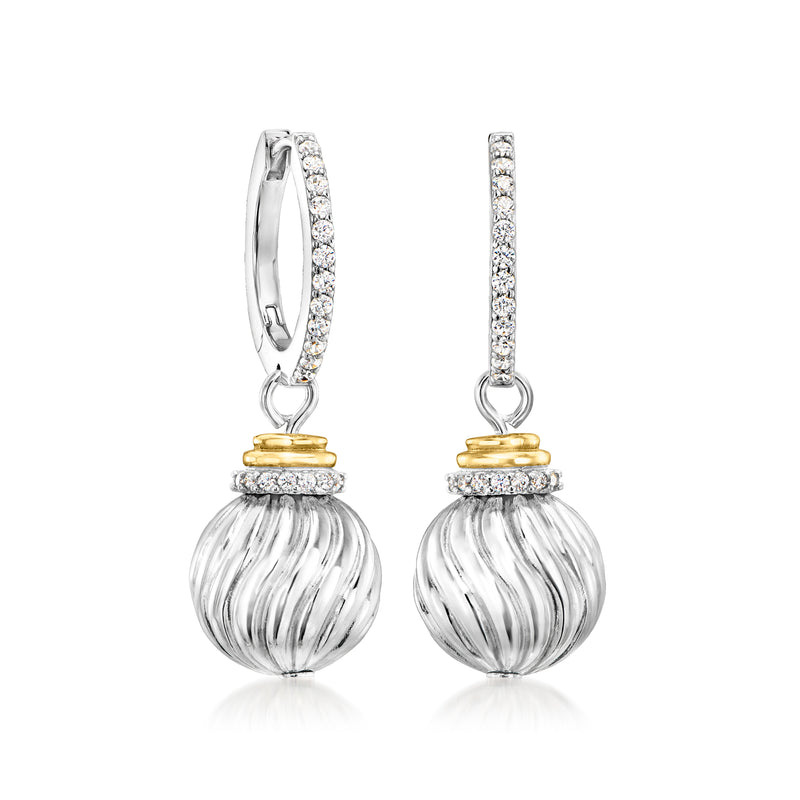 Charles Garnier Celeste CZ ball drop earrings with pavé hoops and ribbed silver and gold beads