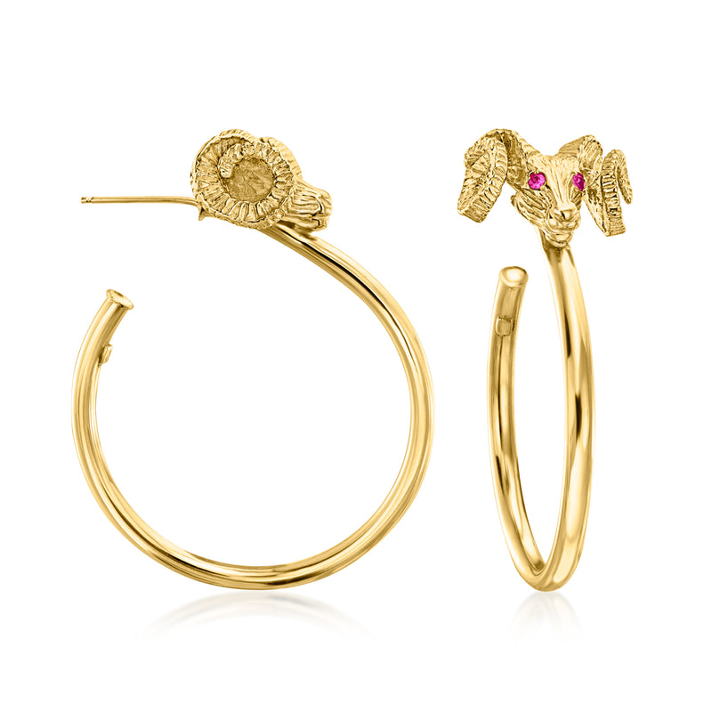 Vintage yellow gold ram head hoop earrings with ruby gemstone accents