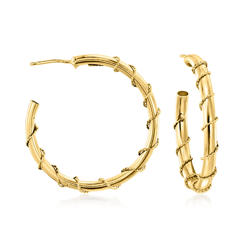 Vintage 14kt yellow gold twisted hoop earrings, hinged hoop with ridged texture