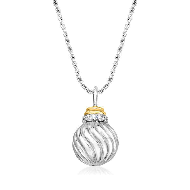 Sterling silver CZ ball necklace with ribbed sphere pendant and gold ring accent
