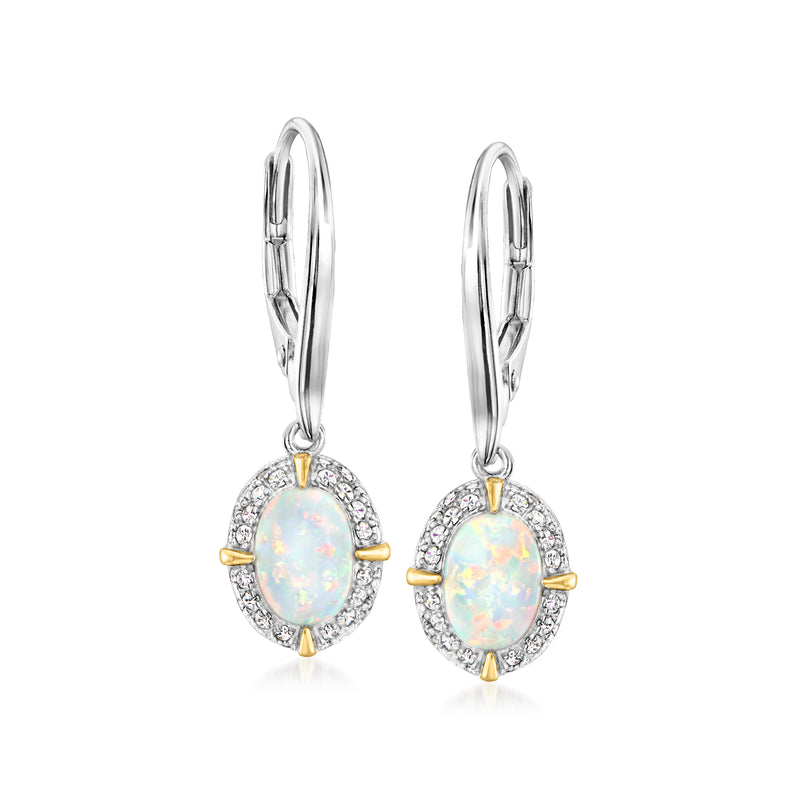 Oval opal drop earrings, CZ halo, gold accents, leverback, sterling silver