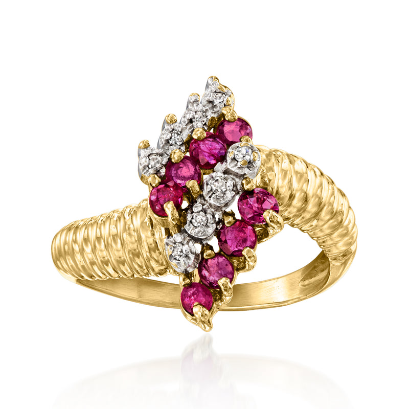 14kt yellow gold vintage ruby and diamond cluster ring with ribbed band