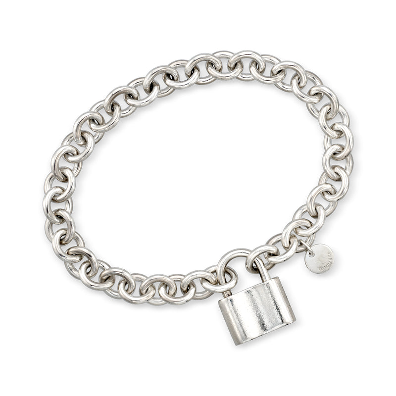 Sterling silver chain bracelet with padlock charm and round clasp