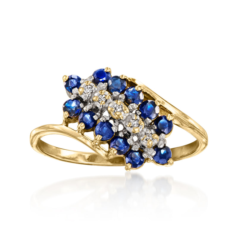 10kt yellow gold ring with blue sapphire cluster and small diamond accents