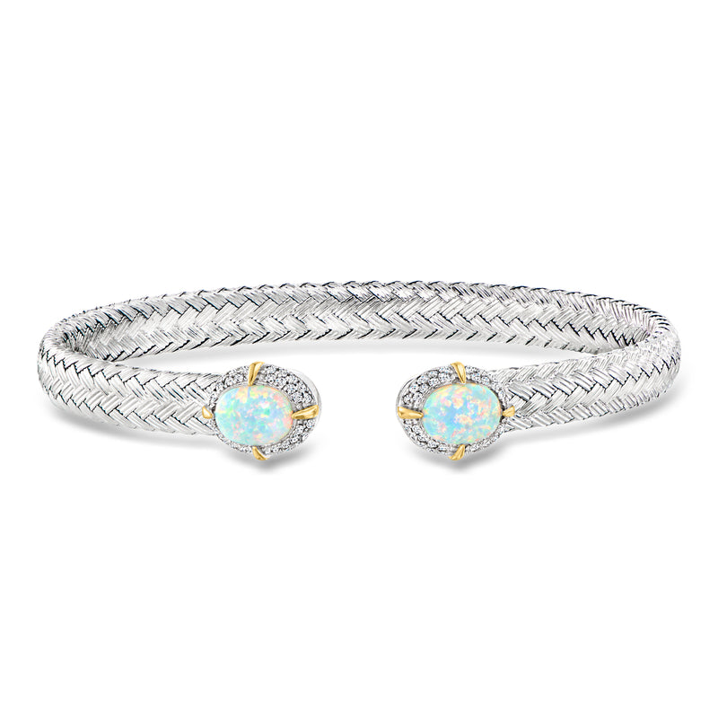 Sterling silver braided cuff bracelet with oval lab opal, CZ accents, gold prongs