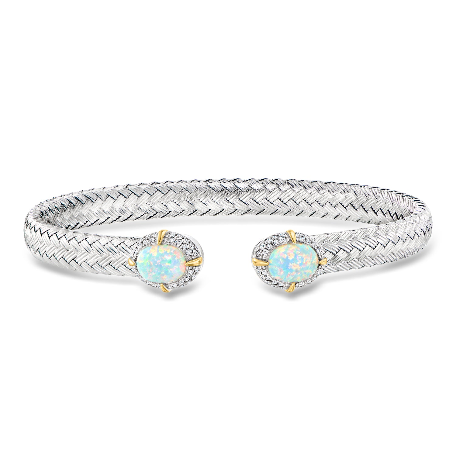 Charles Garnier "L'Opal" Lab Grown Opal and .30 ct. t.w. CZ Cuff Bracelet in Sterling Silver with 18kt Gold Over Sterling