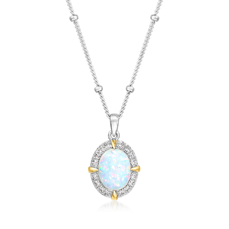 Opal pendant necklace with round lab-grown opal, CZ halo, and gold-toned accents