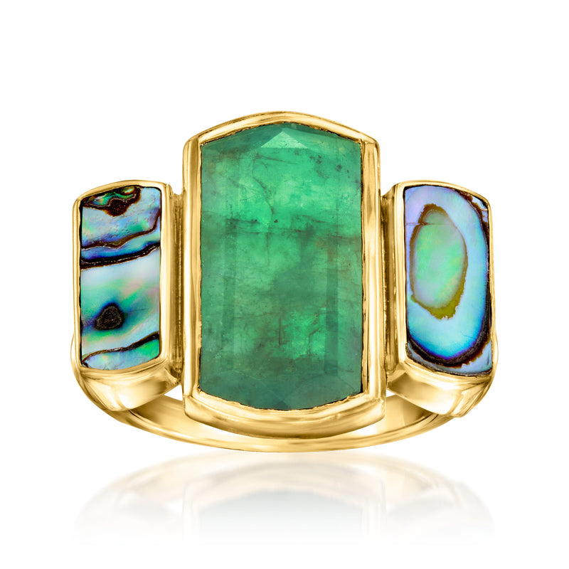 Gold-tone emerald-cut green stone ring with blue abalone side inlay, wide band