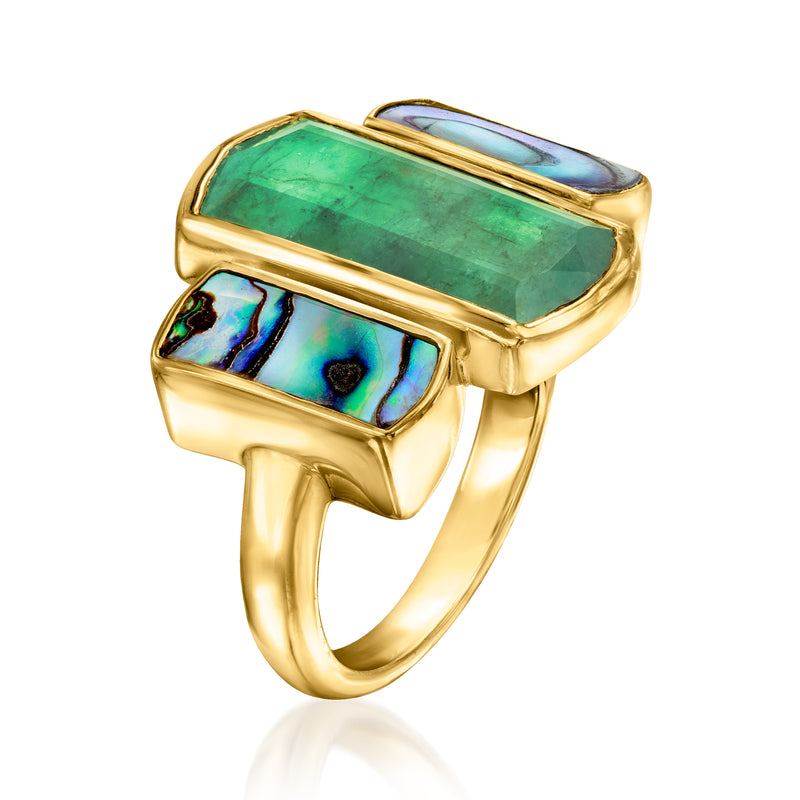 Emerald-cut green stone ring with rectangular blue abalone insets, gold-tone setting