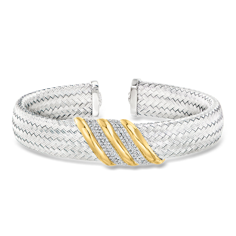 Sterling silver CZ cuff bracelet with woven texture and gold stripe accents