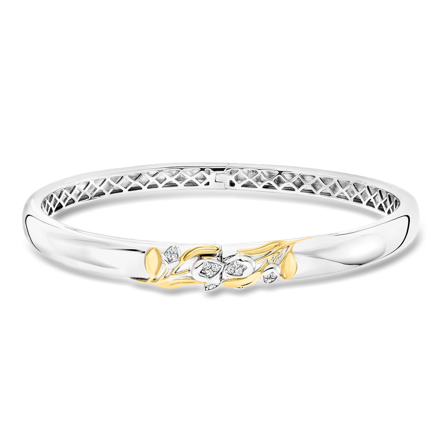 Charles Garnier "Secret Message - La Vie EST Belle" CZ Floral Bangle Bracelet in Sterling Silver with 18kt Gold Over Sterling