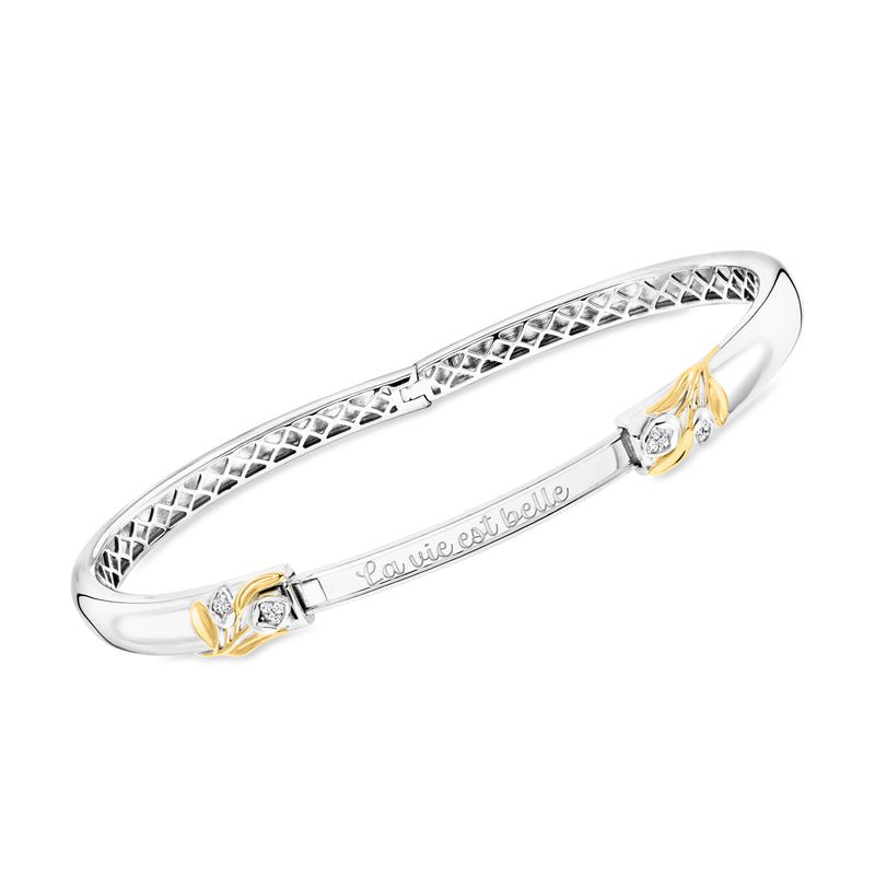 Sterling silver bangle with inner engraved script, floral CZ stones and gold leaf