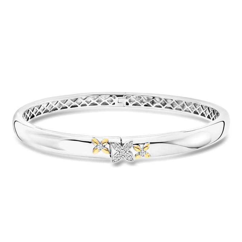 Sterling silver CZ bangle bracelet with etched lattice and yellow flower accents