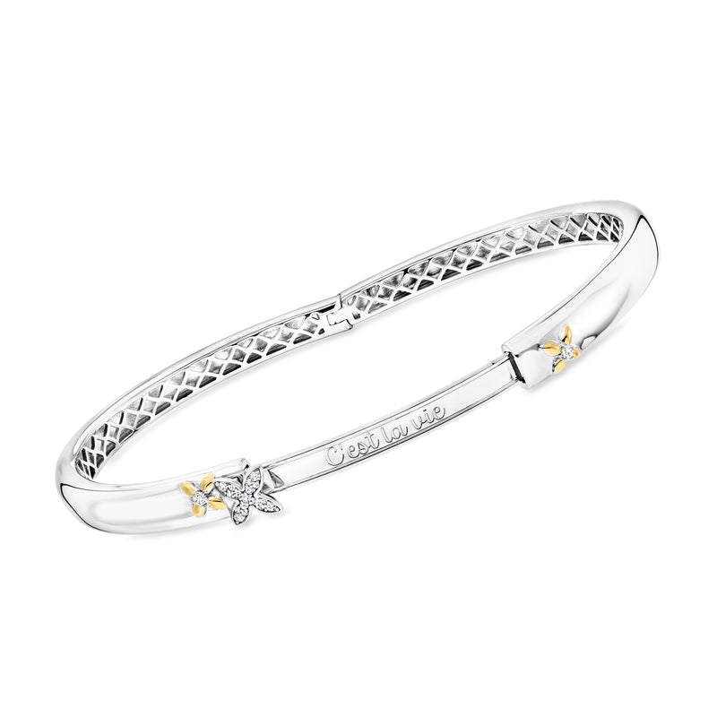 Sterling silver CZ bangle bracelet with lattice top, clasp detail, and “C’est La Vie” charm