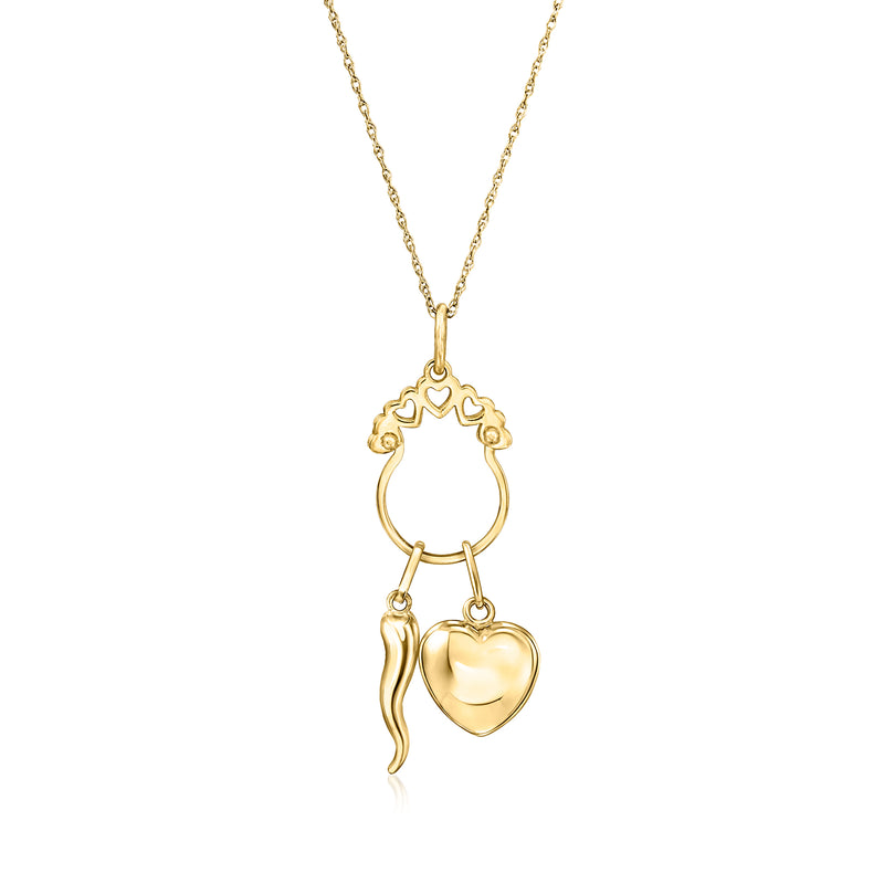 14kt yellow gold heart-cutout charm holder pendant with two dangling heart details