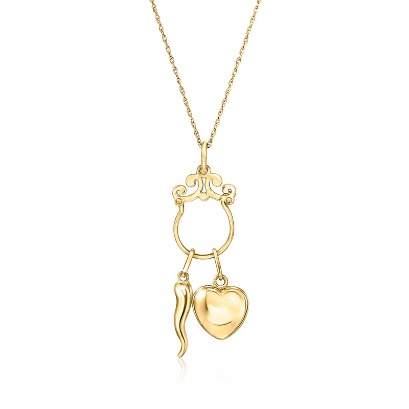 14kt yellow gold charm holder pendant with heart and ring loop on chain