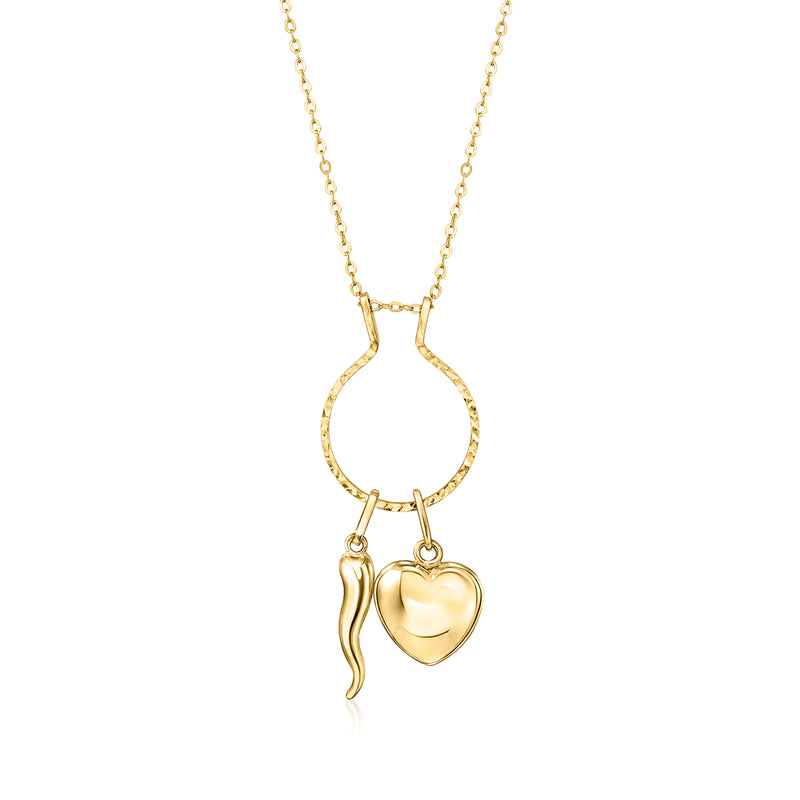 Yellow gold cable-chain necklace with teardrop loop pendant and heart charm drop