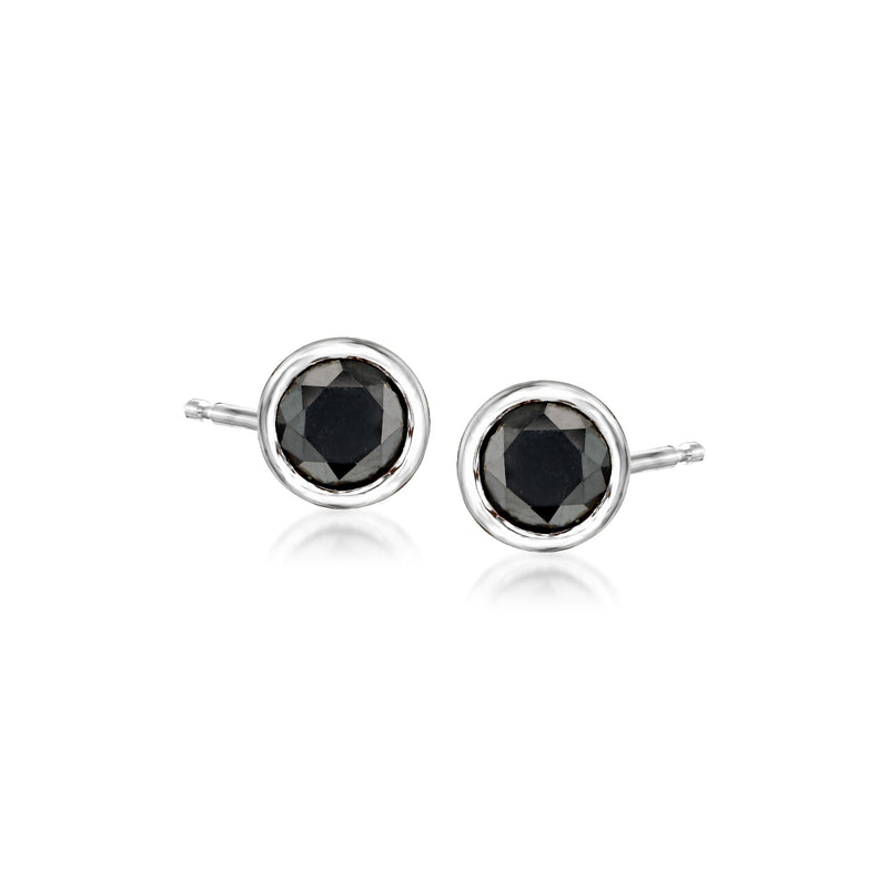 Black diamond stud earrings in 14kt white gold, round bezel setting