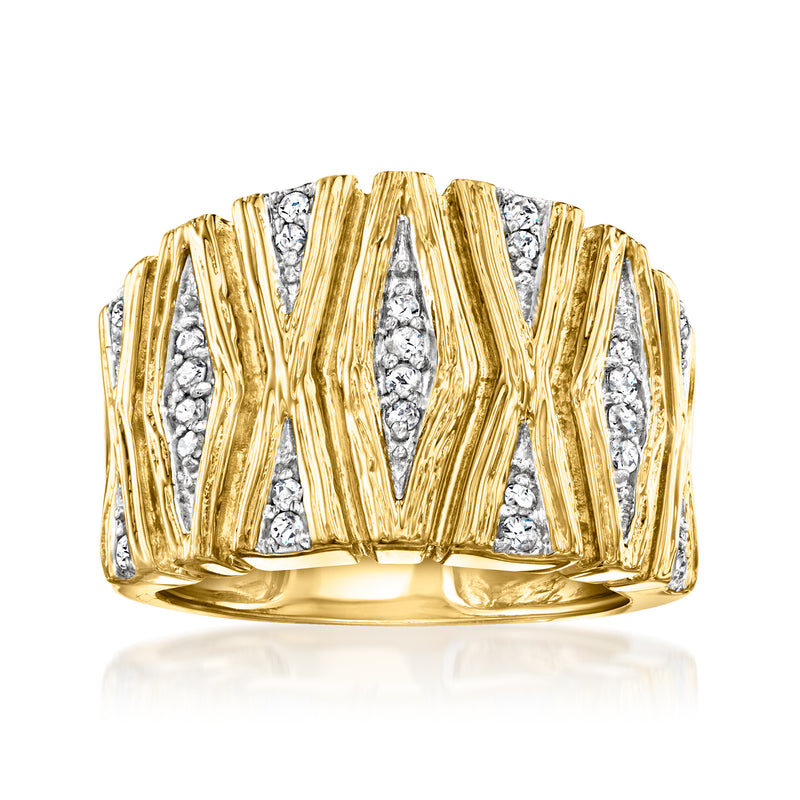 Gold over sterling diamond X-pattern ring with clear stones, ridged band