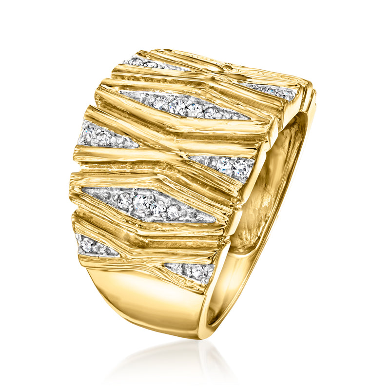 Gold over sterling diamond X-pattern ring, ridged band with set clear stones