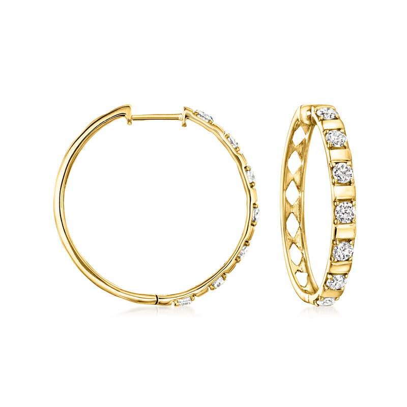 18kt gold over sterling hoop earrings with diamond station rows and hinge closure