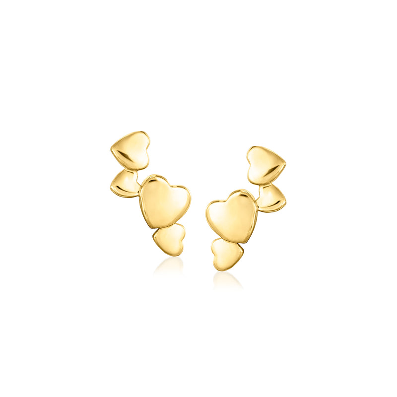 Gold vermeil heart ear climber post earrings with three stacked hearts, polished finish