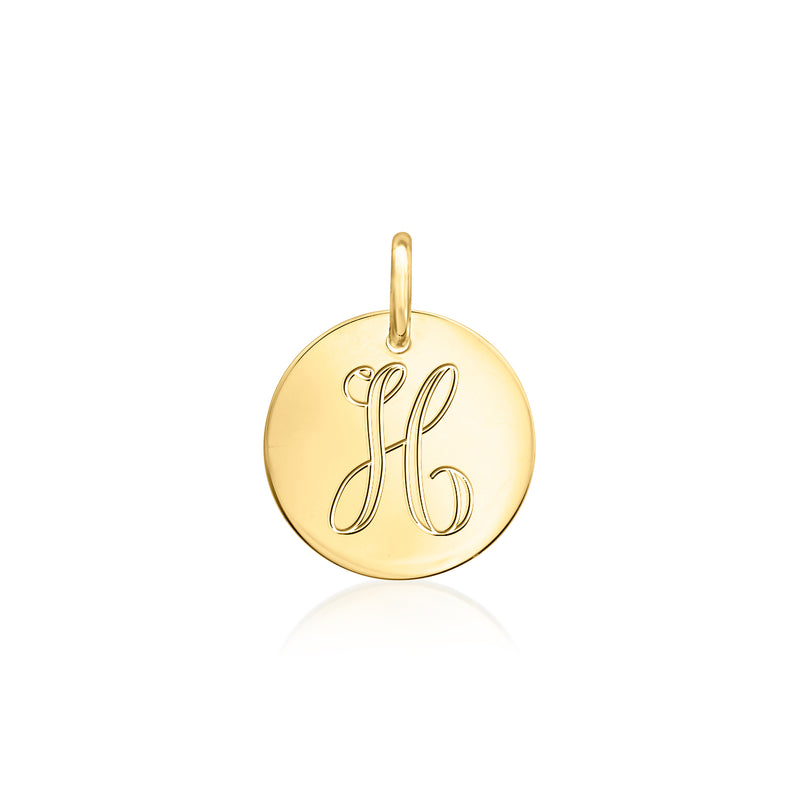 14kt yellow gold disc charm with engraved HB initial monogram and hanging loop