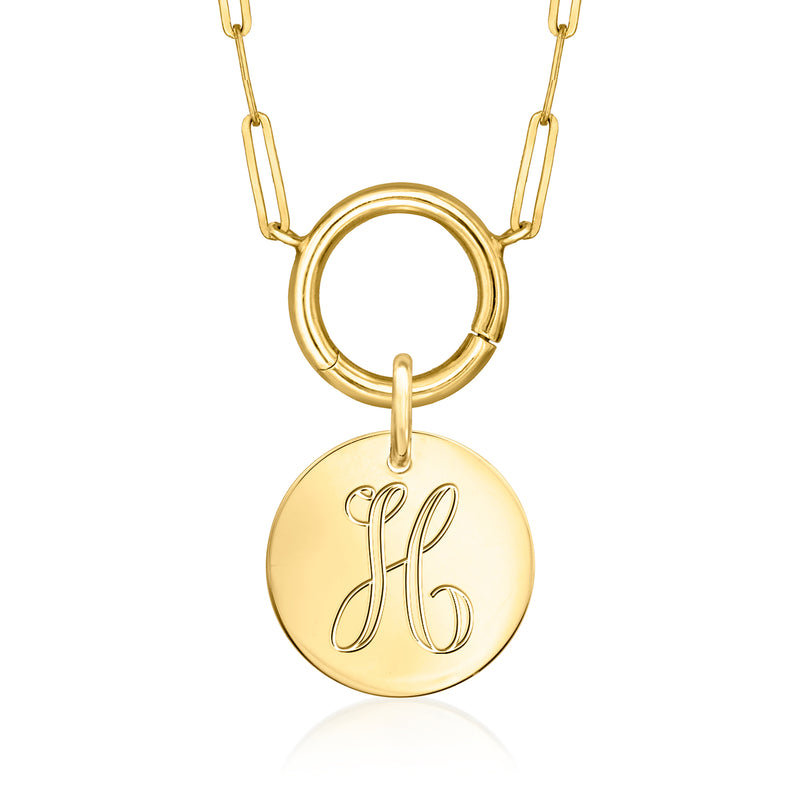 14kt yellow gold circle disc charm with engraved HB monogram on an oval link