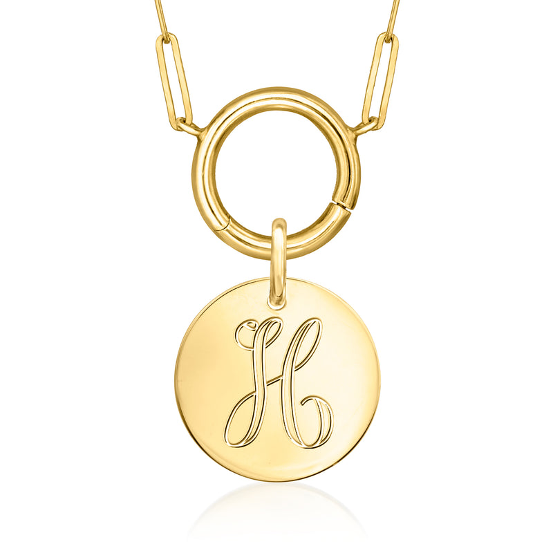 14kt yellow gold disc charm engraved HB monogram on a chain with oval top link