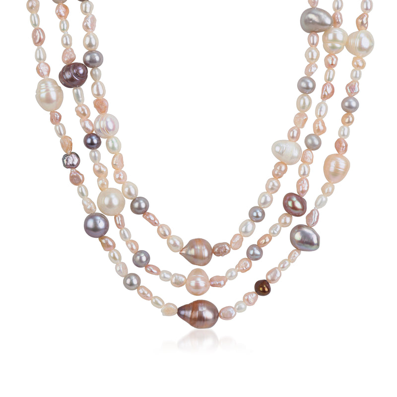 Multicolored baroque pearl endless necklace with multi-strand white, pink, gray pearls