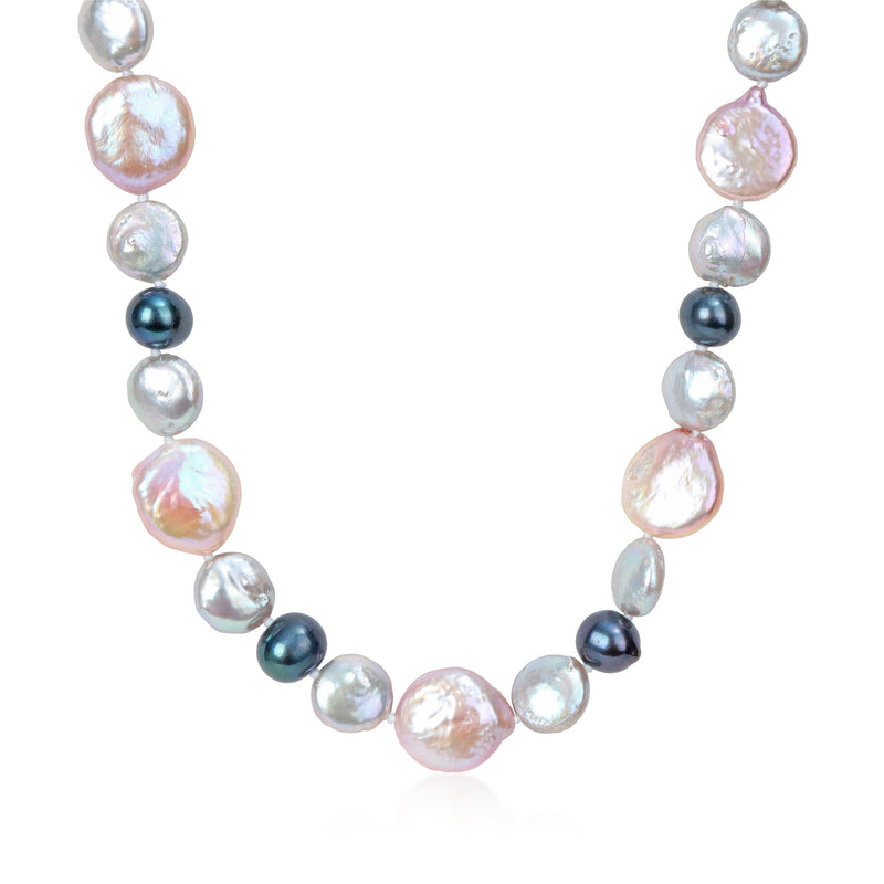 Multicolored cultured pearl necklace with sterling silver chain and round pastel pearls