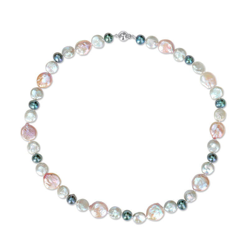 Multicolored cultured pearl necklace on sterling silver with small clasp and mixed pearl tones