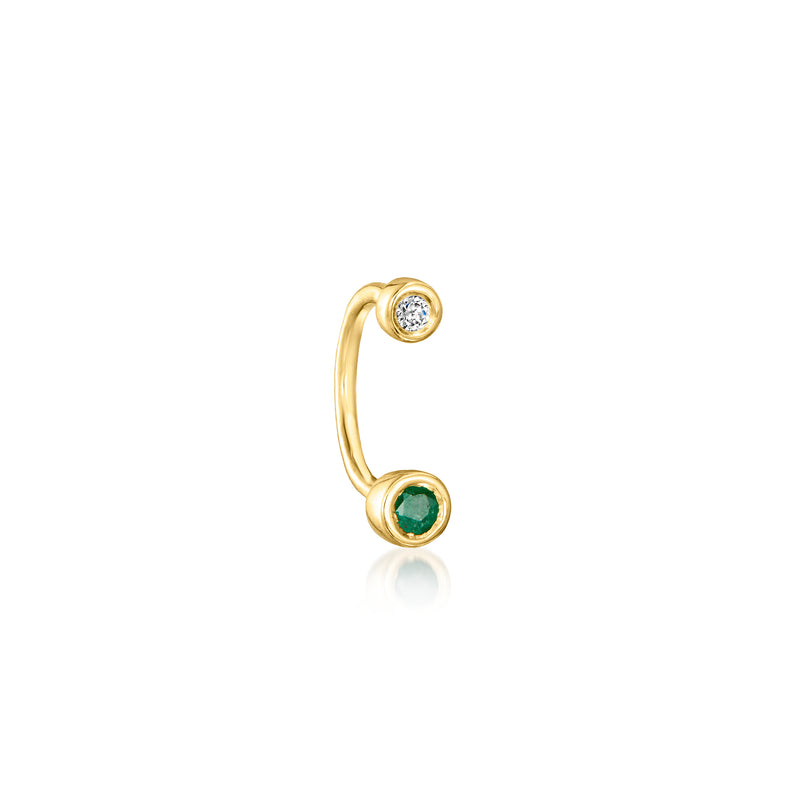 14kt yellow gold U-hoop earring with round diamond and green emerald stones