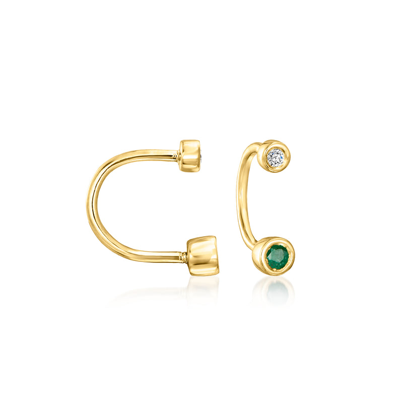 Pair of 14kt yellow gold U-hoop earrings with round diamond and emerald accents