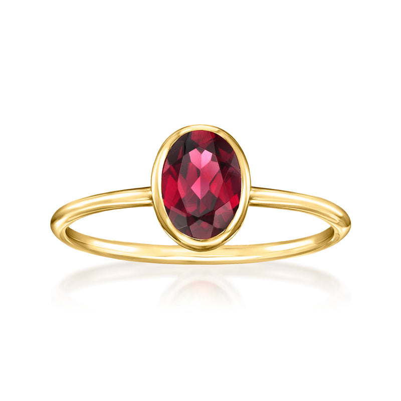 Oval bezel-set rhodolite garnet ring in 14kt yellow gold, slim band with single stone