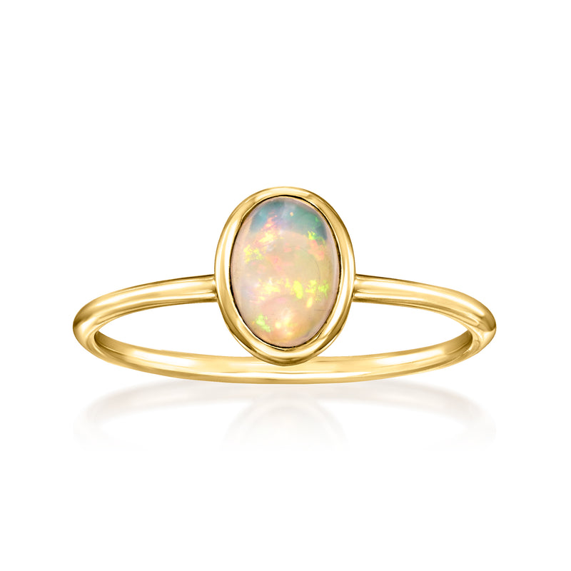Oval opal bezel ring in 14kt yellow gold, slim band with bezel edges